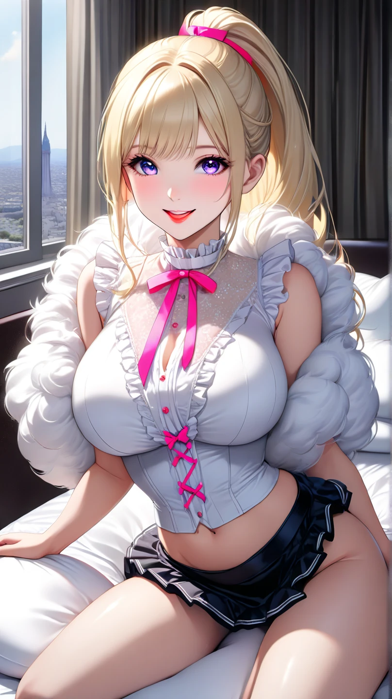 (masterpiece), best quality, 1girl, huge breasts, cleavage, furry girl, rabbit girl, (pale blonde hair:1.2), long hair, (curly hair:1.2), blunt bangs, full bangs, blue eyes, white rabbit ears, animal_ears, (pink maid lingerie:1.2), (detached sleeves:1.1), (make-up, eyeshadow:1.1), looking at viewer, smile, closed mouth, indoors,
