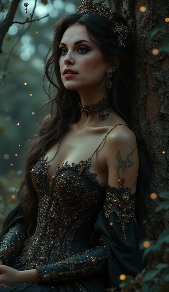 Adorned in opulent velvet and lace, a glam-goth vintage-chic dryad emerges from the depths of a mystical forest. This acrylic painting captures her ethereal beauty with rich, dark tones and shimmering metallic accents. The delicate veins of her leafy wings gleam with a faint iridescence, while intricate floral tattoos twine around her slender limbs. Every brushstroke conveys a sense of exquisite craftsmanship, making this image a masterpiece of enchanting allure.