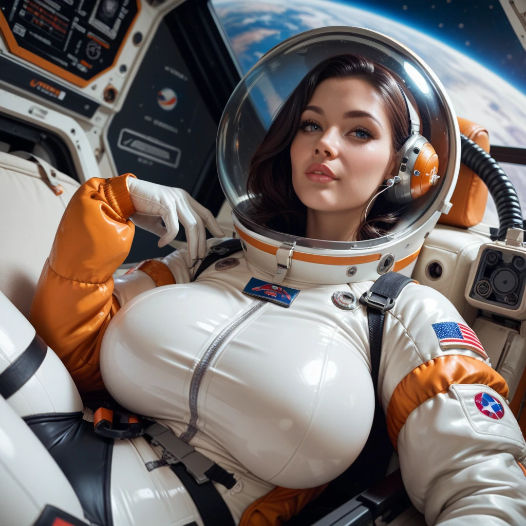 a woman in a sexy bikini space suit outfits posing for a picture, a colorized photo, space art, beautiful woman in spacesuit , woman astronaut