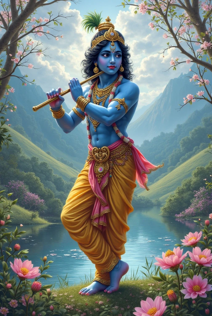 I can create a custom image inspired by the deity Krishna. Please provide some details or themes you'd like to include, such as the setting, colors, or specific elements like Krishna playing the flute, or surrounded by nature.