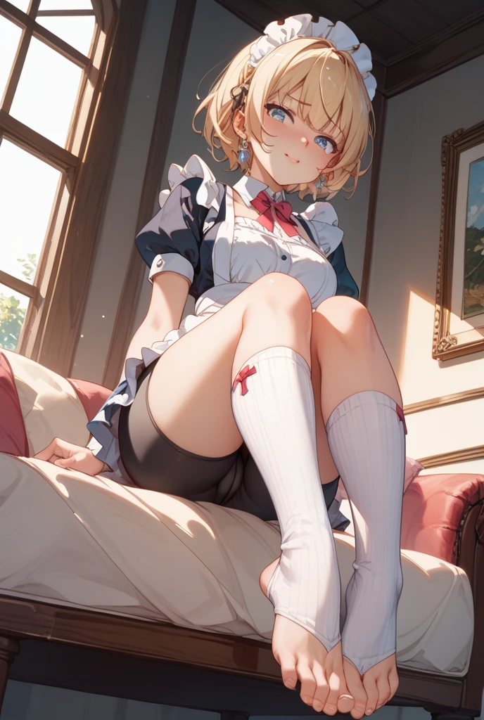 masterpiece, highest quality,figure,sailor suit,slanted eyes,straight hair,brown hair,look away,side parted,Very detailed white panties,super dense skin,calf white socks