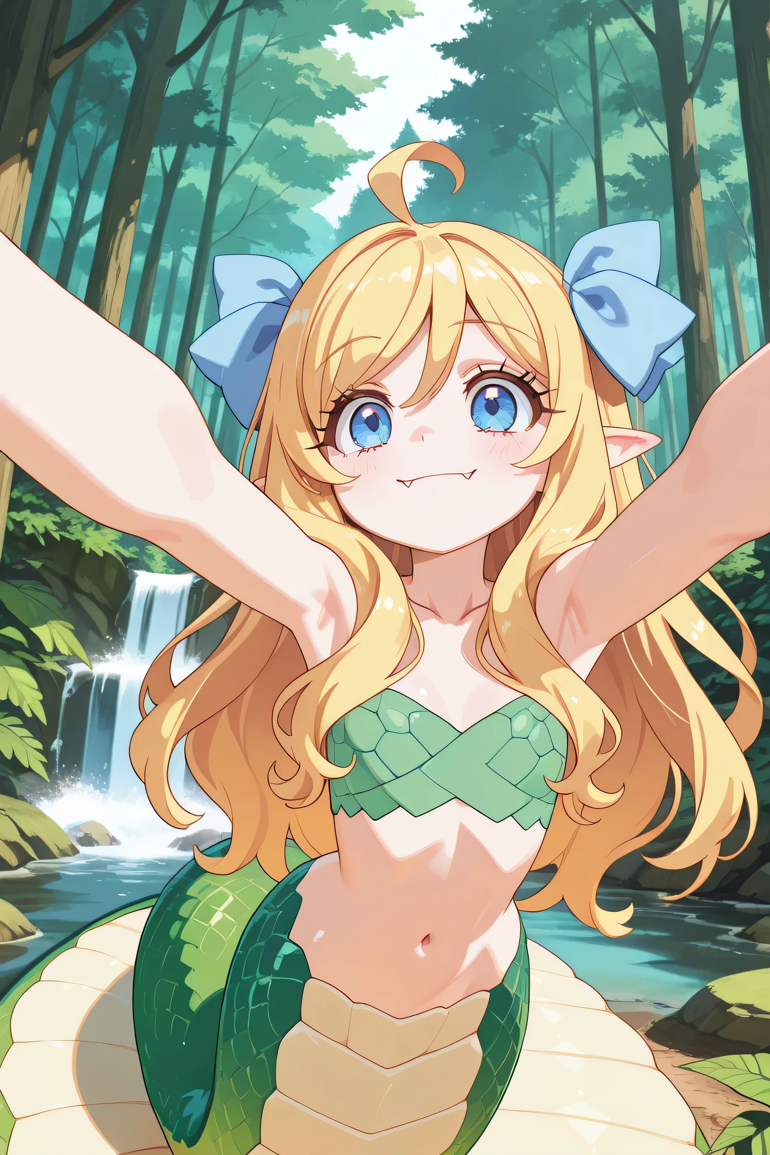 Masterpiece, highest quality, outdoors,
Jashin-chan, Jashin-chan Def, Lamia, alone, solo, viewer's perspective, upper body, armpits exposed,
smooth texture, masterpiece, extremely detailed, high quality, ultra realistic, high resolution skin, detailed environment, absurd,
masterpiece, highest quality, outdoors, forest, spring, waterfall
Jashin-chan, 1 girl, blonde, long hair, ahoge, blue eyes, pointy ears, fangs, hair ribbon, jashin_def, collarbone, navel, lamia, monster girl, green scales, from above, alone, smiling,