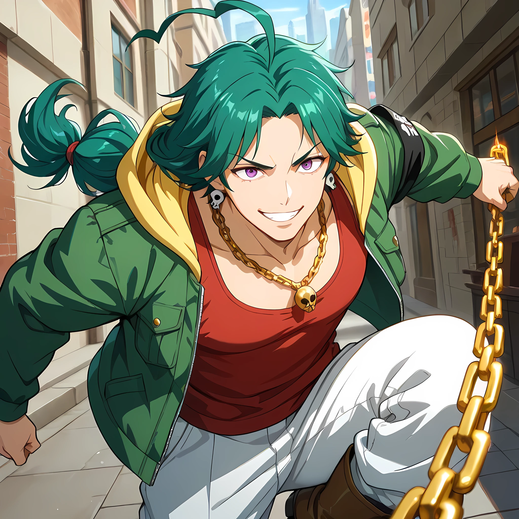 (counter-dive angle, Cinematic zoom-in, Motion Blur, epic action, cinematic composition, 85mm DSLR lens, shallow depth of field), ((anime skin texture, body style Solo Leveling, perfectly detailed scenery, best image quality, full HD, perfectly detailed appearance, perfectly detailed eyes, 1man, man walking through the city, anime style Japanese city, walking on a street with graffitied walls):1.10), {Kentaro Tsubaki}:((1man, long hair tied in a bun, strands of hair falling in front of the face, hair shaved on the side, adult man, strong and developed body, mature man, green hair with ash endings:1.2, purple eyes, brown army boots, white long pants with double pockets, tight red tank top on defined chest, green jacket with yellow hood, skull earrings:1.2, black cloth armband, perfect lips, fearless gaze, confident smile, panting, golden chain with army pendant, strong arms and legs, thin eyebrows, spiral shaped ahoge:1.2, dual hair color:1.2, lower part of hair in ash tone:1.05, orange energy emanating from the body, holding golden chains with golden energy, directing the hand towards the observer, smile showing white teeth)).
