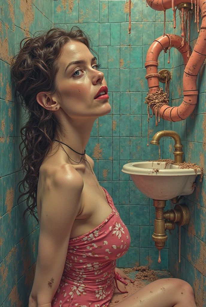 DSLR, F/2.8, Lens Flare, 5D, 16k, Super-Resolution . realistic style, key visual, vibrant, studio realistic, highly detailed A different mood whimsical full body view best quality, eerie masterpiece, monochromatic palette dominated by eerie shades of deep blue horror themed bathroom  curly hair, nightgown, girl sharp look, wide eyes, very dark lips, flora, horror style blood core, ,stylish bikini to e bathroom  in a vintage bathroom, perfect anatomy, highly detailed, graphic 3d model, render, comic art, graphic novel art, vibrant, detailed character