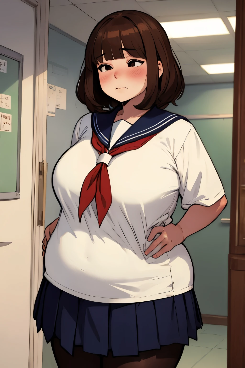 1girl, standing, embarrassed, heavy breathing, smile, BREAK girl, 15yo, , cute, aqua eyes, (big breasts:1.2), black hair, long hair, ponytail, BREAK white serafuku, long sleeve, (white sleeve), BREAK shiny latex leotard with navy sailor collar, (aqua neckerchief), bunny ears headband, rabbit tail, cuffs, (pantyhose), BREAK in my room, high-resolution, ultra-detailed, best quality,
