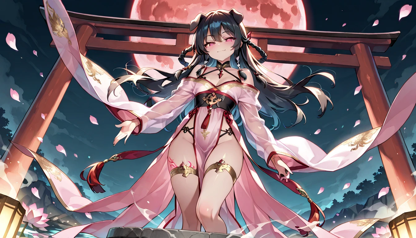 high resolution,(incredibly absurdres), (hires.fix:1.3),anime visual,extremely detailed CG unity 8k wallpaper, ((masterpiece)), ((top-quality)), (beautiful illustration), ((an extremely delicate and beautiful)), 1 loli girl , Faintly emerge from the darkness,walking on hell road, bloody body,full body, character focus, front, (bare breasts), ((rape eyes)),barefoot , wear an aura ,black long hair, ribbon , red eyes, glowing eyes, back lighting