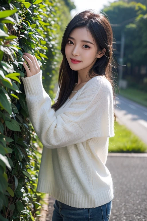 Korean female, look at viewr, natural long straight hair, Autumn dress,Smiling,sexy body,Natural pose,photostudio