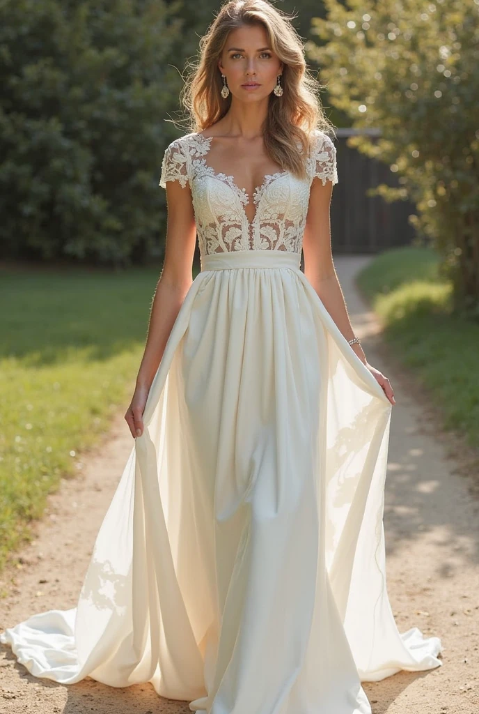 I need you to create a dress for a lady for a wedding that is beautiful with a casual chic style., that has a youthful touch, but it is for a 50 year old lady, with just a touch of youth, nothing more