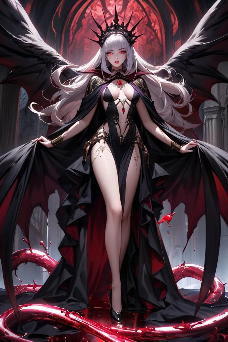 (best quality, high resolution, textured skin, high quality, high detail,Extremely detailed CG unification)，，Lively，enchanted，Dynamic Angle,whole body，Gorgeous princess dress，Beautifully dressed，Elegant and seductive posture，Devil wings，Sexual innuendo，In the abyss