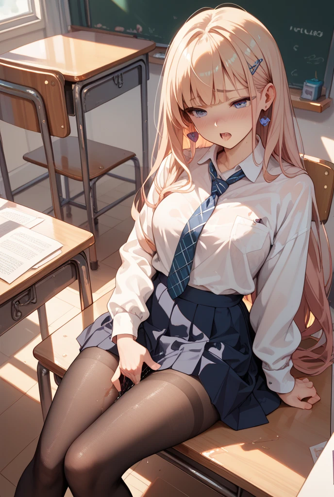 blue archive, kanna (blue archive), 1girl, animal ears, bandaid, black skirt, blonde hair, blue eyes, breasts, clenched teeth, clipboard, coffee mug, collared shirt, crossed legs, cup, hair between eyes, hair over one eye, holding, holding clipboard, indoors, large breasts, long sleeves, looking at viewer, mirror, mug, necktie, pantyhose, parted lips, pen, reflection, shirt, sitting, skirt, solo, table, teeth, torn clothes, torn pantyhose, (worried:1.5), 