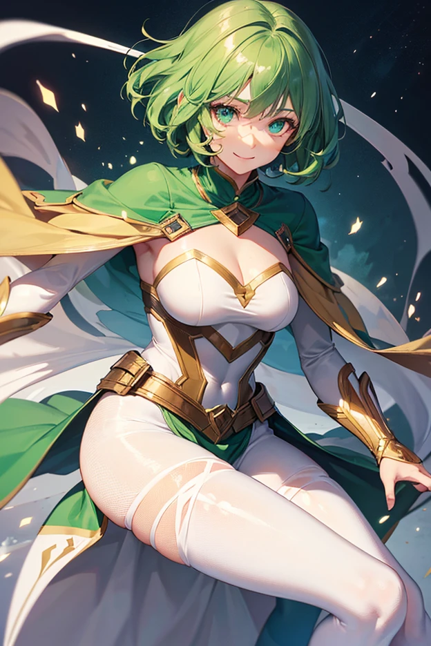 larachel fe, 1girl, solo, breasts, looking at viewer, smile, short hair, open mouth, thighhighs, gloves, dress, holding, boots, elbow gloves, white gloves, hair bun, cape, book, sparkle, capelet, thigh boots, white footwear, ((Tight leotard)), ((sexy fight pose)), ((Wrestling ring))