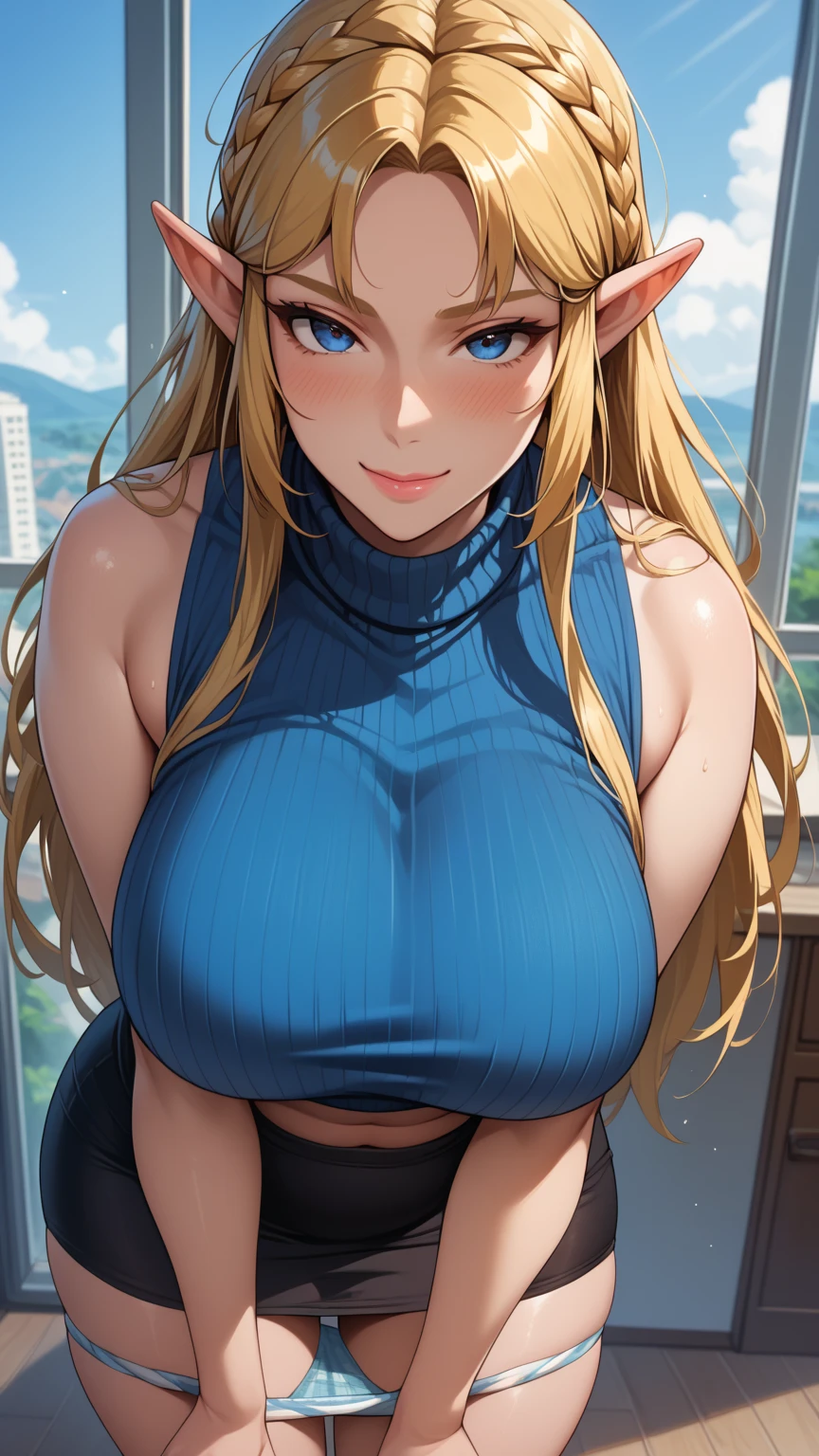 (Art: 1.2), (best quality: 1.2) 1 woman, mature, tall (1.85), She appeared to be around 28 years old, had long golden hair, straight and shiny hair, green eyes, extremely detailed, perfect eyes , extremely realistic eyes, well-aligned eyes, long eyelashes, anime style, perfect face, milf face, full lips, smiling, mature, clear skin, natural body, sexy body, MILF body, hands on waist, perfect hands, detailed hands, hands well proportioned to the body, realistic hands, arms with good anatomy, she wore a greek blue woolen sweather, the woolen sweather still couldn't hide her extremely large and huge breasts that were hanging down due to her size, thick thighs, wide hips, Looking at the viewer, background, she also wears jeansshort, scenery, scenery at a greek viewpoint on the edge of a lake, in the background posing the setting sun, alone Looking at the viewer