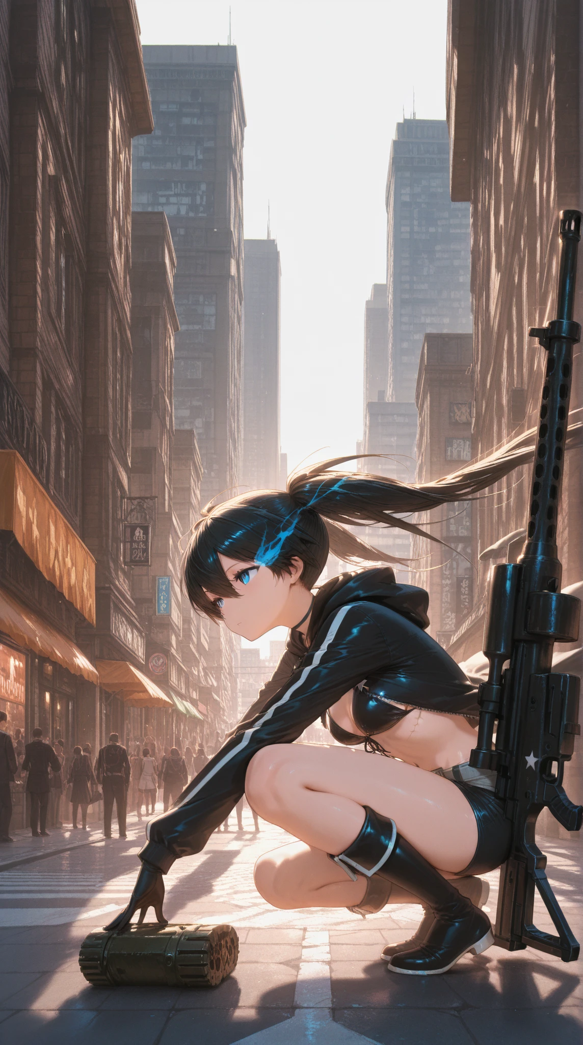 overlooking a ruined city, night, (topless), (bare back), (slim), slender, from behind, sitting, (shadow), blurry background, [detailed eyes], (bare chest), focused, 1girl, (solo:1.2), (bare nape), ((masterpiece)), (small breasts), pale skin, sharp, (pixiv), ((detailed surroundings)), (black shorts:1.2), high boots, black hair, exterior, sitting on the (edge of a rooftop), [[bracelets]], black rock shooter, twintails