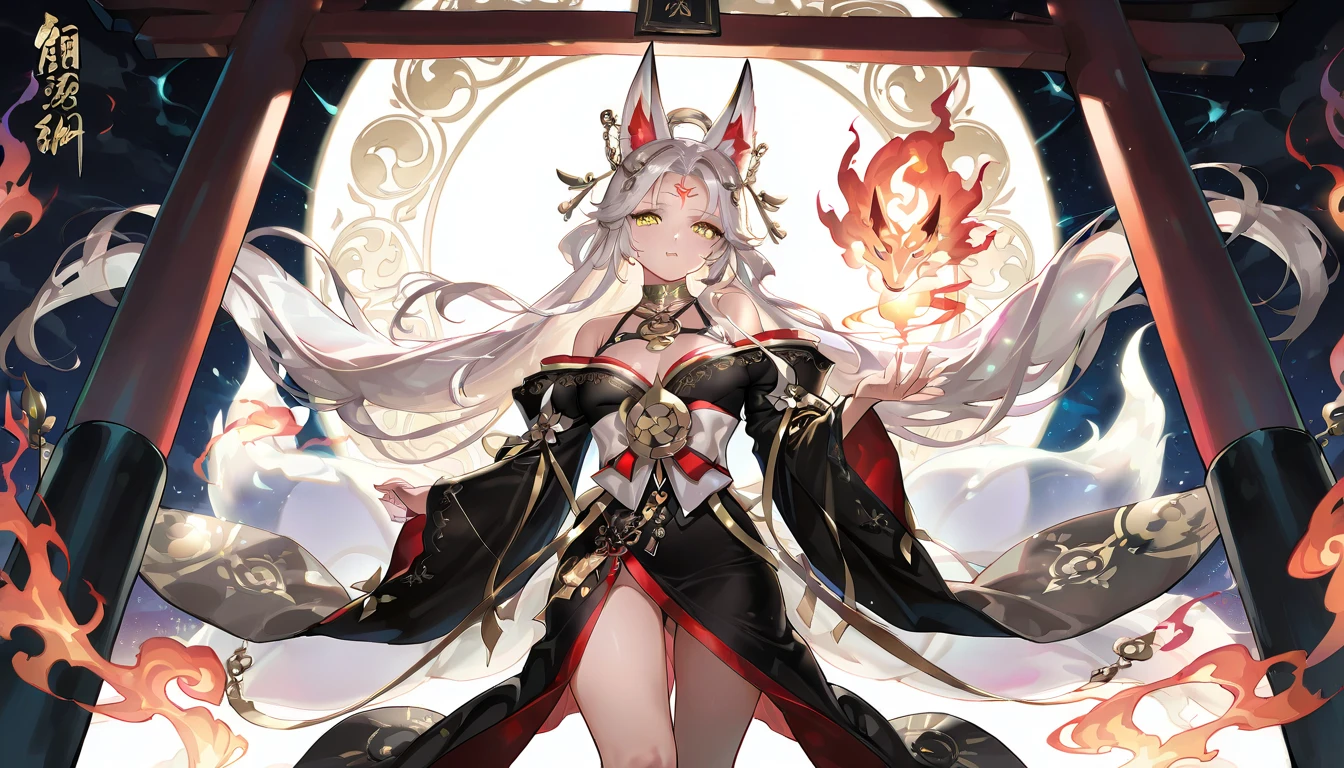 ((appearance))
(Long hair with red and gold gradient。)
(The eyes are a mixture of orange and red like flames。)
(There are three tails、A flame is lit from the tip of each tail。)
(ears are long、pointed、The tips of the ears also glow like flames。)
(Demon Fox) ((Background with)) (Volcanic crater) (altar)