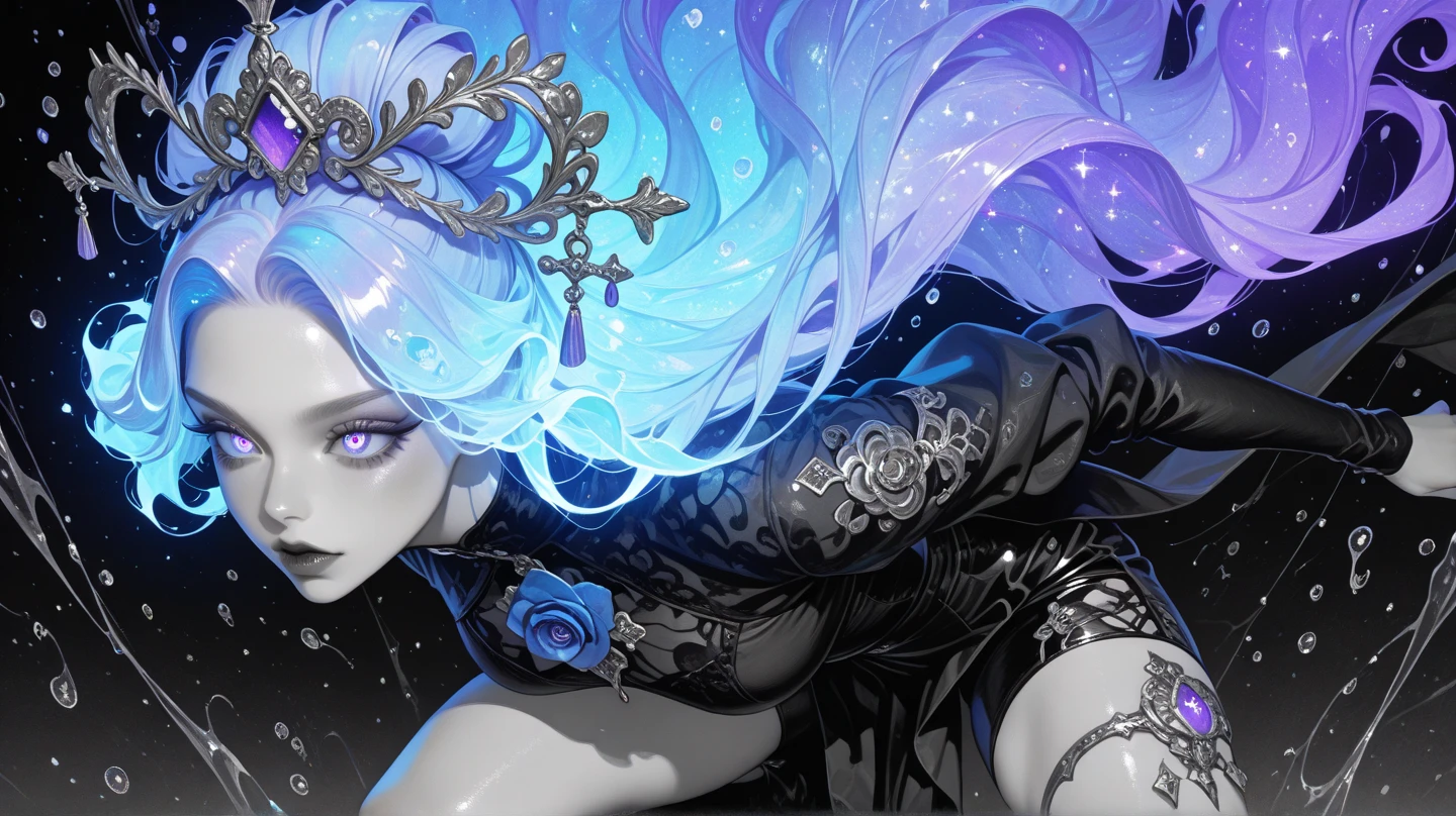 Body painting of a European female, kneeling down while crying angrily, black burn scar on the whole left side of her body, long hair, very messy hair, silver hair, dark blue eyes, white diamond pupil, sharp black claws on her left hand, thorny frame, Decorative panels, abstract, night time,
artistic, by Alphonse Mucha
(Masterpiece, Best Quality, Highres:1.4), Detailed, Intricate Details, 4K, color splashes, line art, 4K,Complicated details,HighestQuali,A woman in a robe sits alone,looking at the distance,The tone suppresses anger,deep colour,black in color,Deep black,purpleish color,Mountains and mountainagia,The feeling of loneliness,repression,Tattered tunic, full body, detailed 4k face, high definition face, perfect face, forest and full moon in background, woman kneeling