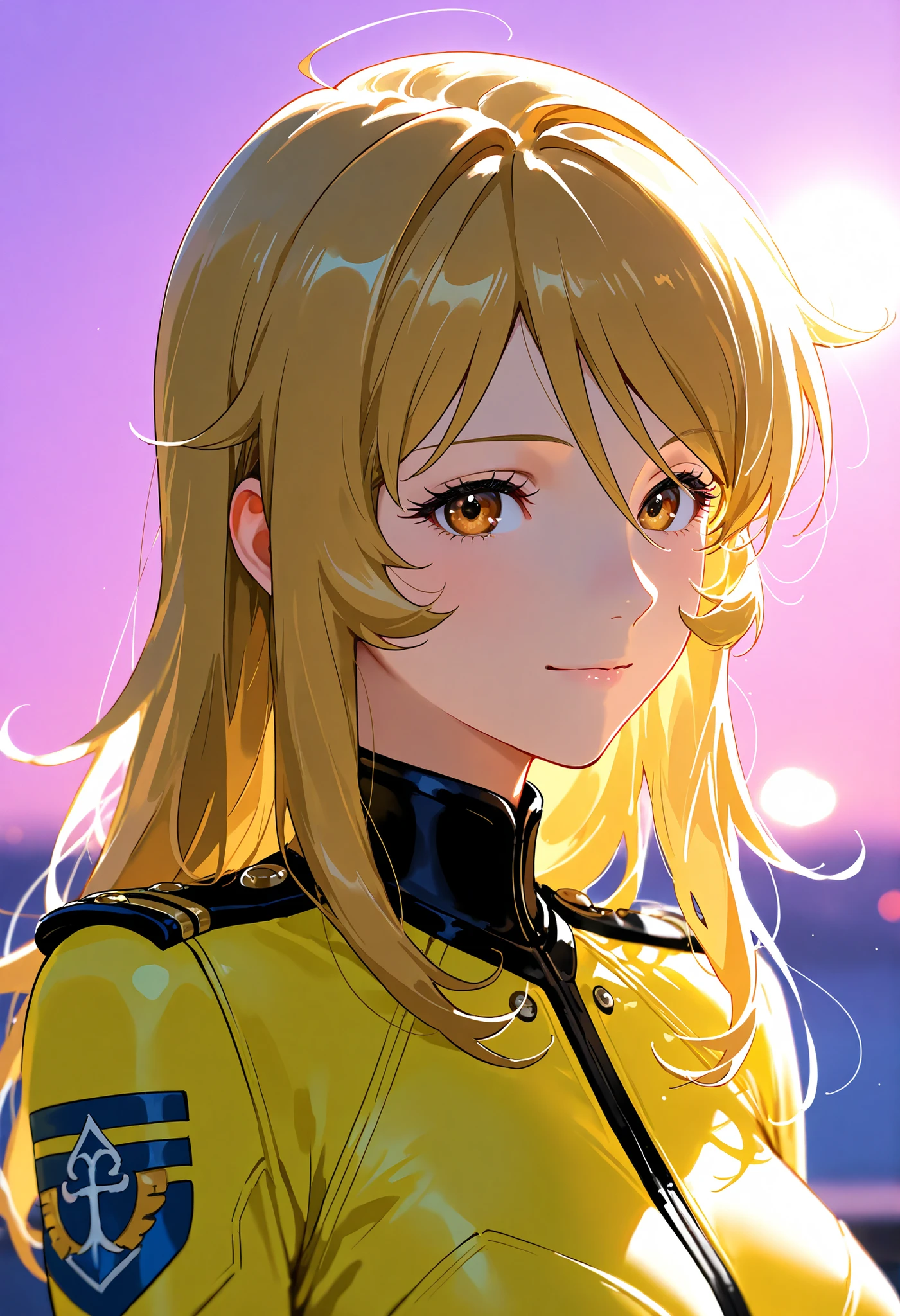1girl, mori yuki, uchuu senkan yamato 2199, yellow clothes, watercolor background, watercolor pale pink background, distance sea, faraway sea of earth, portrait, upper body, girl focus, backlighting, depth of field, blurry background, light smile, watercolor (medium), extremely detailed, general, masterpiece, best quality, amazing quality, very aesthetic, absurdres, newest, Backlight, cinematic lighting, backlight style,