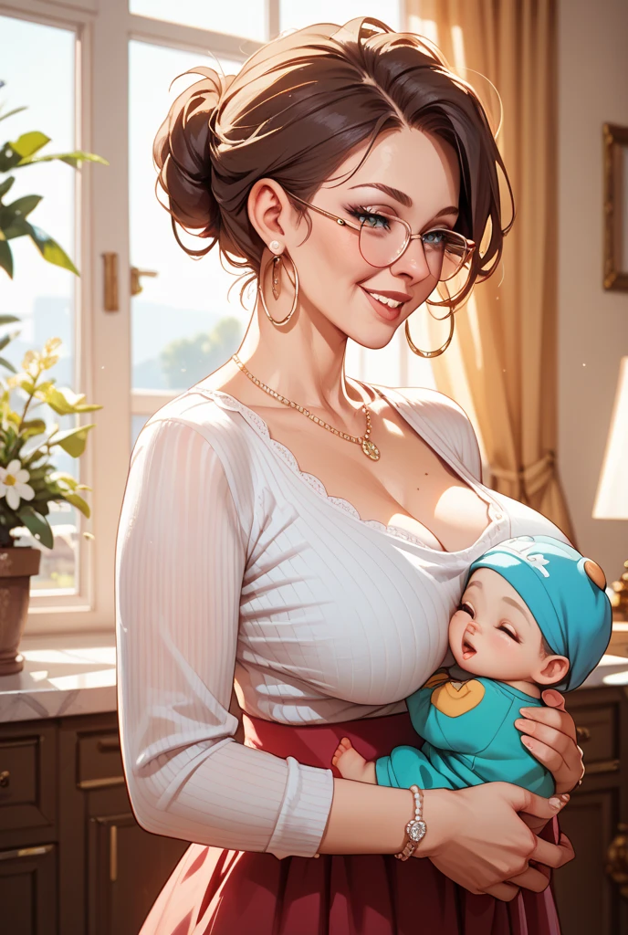 age girl with short brown hair hugging her mom with huge tits, her hair is long and black and they both wear sexy outfits and don't leave much to the imagination.