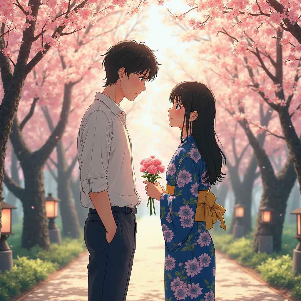 (aspect ratio: 9:16), (Toshio Utsumi, jeune adulte japonais, cheveux noirs courts, vêtu d’une chemise claire et pantalon élégant mais décontracté:1.4),
(tenant un petit bouquet de fleurs de cerisier fraîchement cueillies dans une main, légèrement tendue vers la femme:1.5),
(face à lui : Hitomi Kisugi, l'une des sœurs Cat's Eye, en yukata printanier bleu nuit à motifs de sakura roses:1.6),
(cheveux noirs longs brillants, attachés en queue basse avec quelques mèches libres:1.3), (expression douce, légèrement surprise mais touchée:1.4),
(parc japonais traditionnel en pleine floraison de cerisiers:1.5), (pétales de fleurs tombant doucement autour d’eux:1.5),
(éclairage naturel en fin d'après-midi, lumière dorée filtrant à travers les branches:1.4),
(peau subtilement illuminée, reflets doux sur les visages et les tissus:1.3),
(arrière-plan vertical : branches fleuries au sommet, sol pavé couvert de pétales en bas, lanternes en pierre floutées sur les côtés:1.4),
(perspective légèrement en contre-plongée ou centrée sur la posture intime entre eux:1.3),
(le regard de Toshio plein d’admiration, corps penché légèrement vers Hitomi:1.3),
(composition romantique et équilibrée:1.4), ambiance calme, (émotion palpable dans leurs gestes et regards),
couleurs naturelles et pastel : rose pale, bleu doux, gris pierre, vert tendre,
(style ultra réaliste ou semi-réaliste), (texture peau, tissu et pétales très détaillée),
(style photogramme inspiré de cinéma romantique japonais), (ambiance poétique, florale et sentimentale)