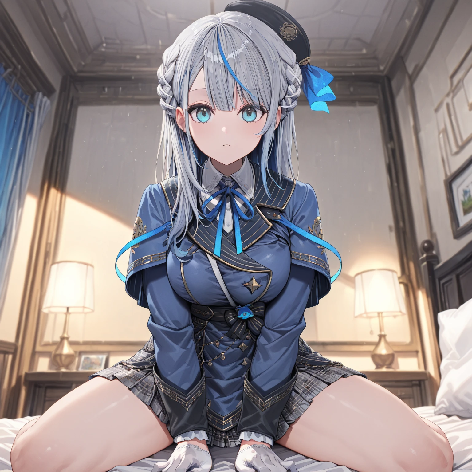 (One lady)、(​masterpiece)、(best qualtiy)、(ultra-detailliert)、(a high chroma)、(CG Illustration)、((low angles))、18 year old beautiful schoolgirl、Delicate beautiful face、(red blush)、(A dark-haired)、(dishevled hair)、(Anime-style eyes)、((White plain clothes))、See-through clothes:1.3、((Thick black tights))、(Dark blue pleated skirt)、(teats)、B cup breasts、((turned around))、The best lighting、Bedroom