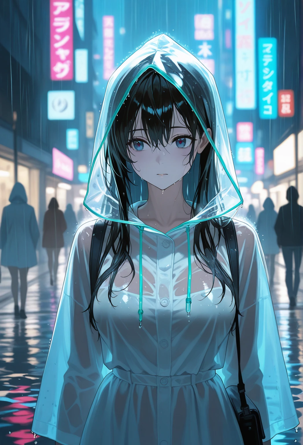 transparent raincoat,cowboy shot,hood up,school uniform,, masterpiece,1girl,cute,rain,sexy,