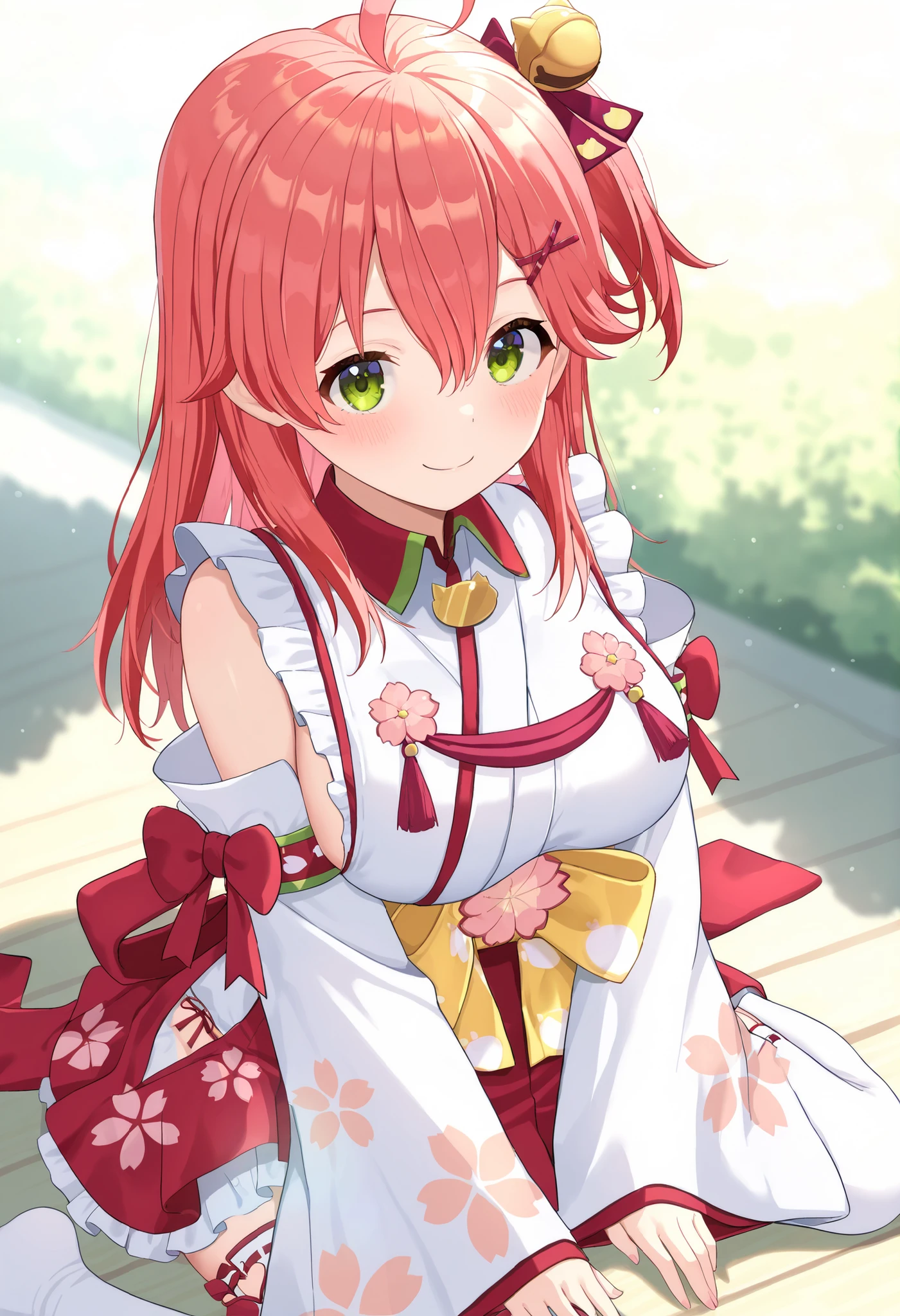 masterpiece, best quality, highres, miko1, sakura_miko, young__1girl, large_breasts, solo, ahoge, x_hair_ornament, light_red_hair,blush, floral print, hairclip,(side_less_clothes:1.5), side_breasts, hair_bell, floral print, long_hair, hair between eyes, one side up, white thighhighs, asymmetrical legwear, wide sleeves, light_open_small_mouth,happy,large_green_eyes,smile,(overly_long_sleeves:1.3),),sleeves_past_wrists,hands_hidden_sleeves,sidelock_clothes,solo,hidden_wrists,sunlight,cherryblossom_temple_landscape_background,rise_arms,raise_arms,dynamic_sitting ,EyeDetailerXL,sunlight,looking_at_viewer,