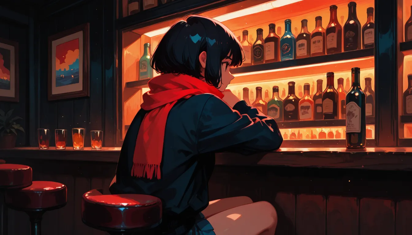 A lively, urban bar counter,Cocktail,It has a nice atmosphere, Adult woman sighing , (Backlight: 1.1), A scene from a movie, Soft Shadows, masterpiece, Highest quality, Complex, Model shooting style, Film Grain, Buckshot、Red lipstick、Blue tones