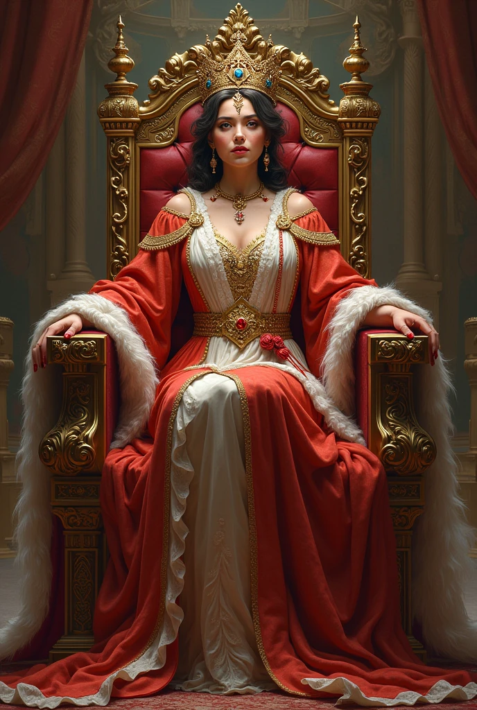 Beautiful young queen, Formal wear, crown, Sitting on the throne, Cel Shading, Bold outline, Flat Color, Sharp Shadow, Graphic Style, (Manga influence:1.3), Beautiful line drawing, Impressive visuals,comics