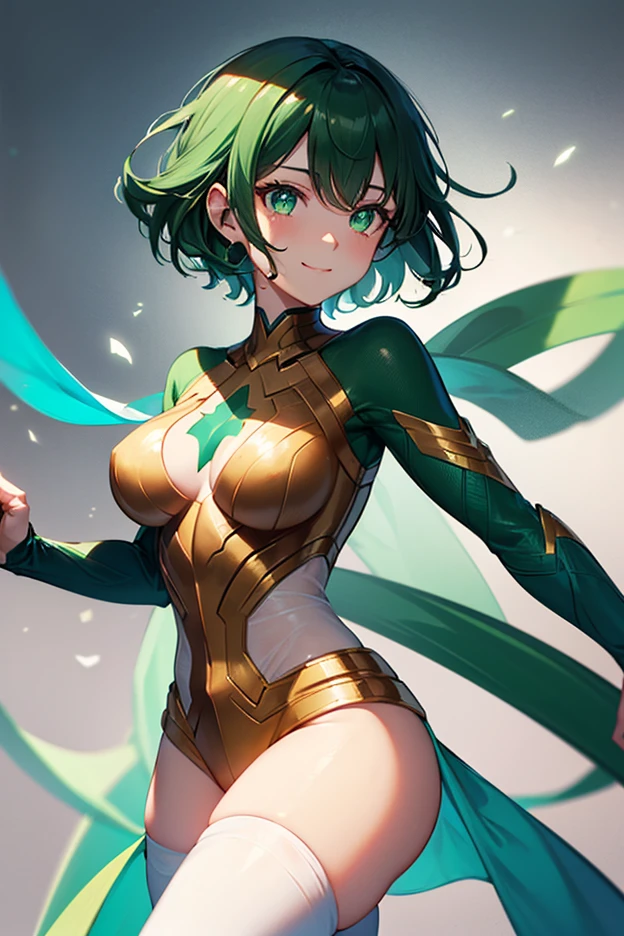 Cartoon photo of busty woman in blue and green and yellow costume、Hot insect humanoid female、Guyver Style、SFW version、Scarabeleploid、tail、Cel Shade Adult Animation、Alien Queen、Core Crystal、