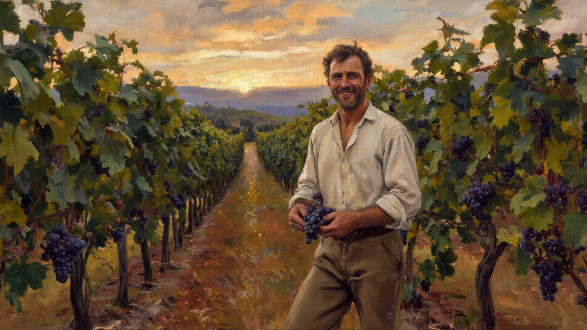 Image of a man, no shirt, portrayed in a lush oil painting style with dynamic, rich strokes and a palpable thickness of paint evoking a sense of movement, set against a beautifully rendered vineyard bathed in golden sunlight. The composition merges historical elegance with contemporary sensuality, emphasizing the graceful curves and form of the body, while the background features sprawling grapevines and soft hills that add depth and warmth, creating an inviting and harmonious atmosphere.