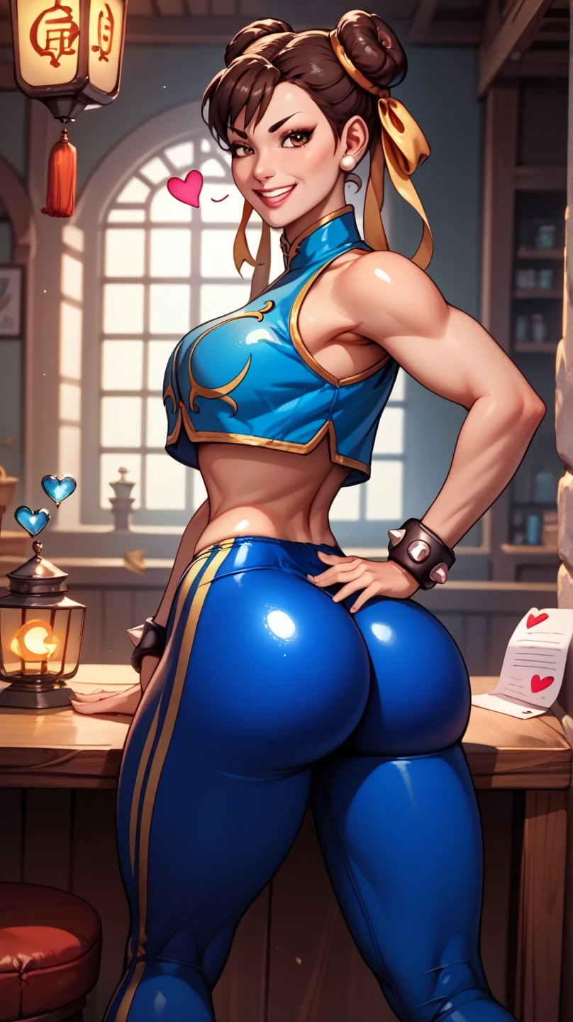 Cartoon photo of a woman in blue clothes sitting on a stool, chun li at the gym, Chun-li, chun - li, chun li, portrait of chun - li, Chic, beautiful anime girl squatting, cutesexyrobutts, portrait of chun li, very detailed Artgerm, lit from behind, Strongest Pose, from overwatch, Voluptuous body, curvy body, Tifa Lockhart, Naughty anime style, plus size model, Scruffy body,Erotic cartoon style body, Married woman's big ass,Eros of a married woman, Married woman style, Married woman atmosphere