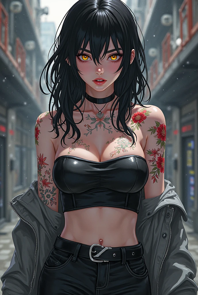 woman, alone, Dark Skin, freckles, Bright red eyes, Wavy Hair, Very long black hair, ponytail, Large Breasts, fit, Arm tattoo, Tattoos on the face, expensive, Torn Shirt, Tight jeans, Ripped jeans, Black Shirt, impact, Dark eyeliner, Small earrings, software:2, smile, Playful, garden, night, smoking, Cleavage, leather jacket