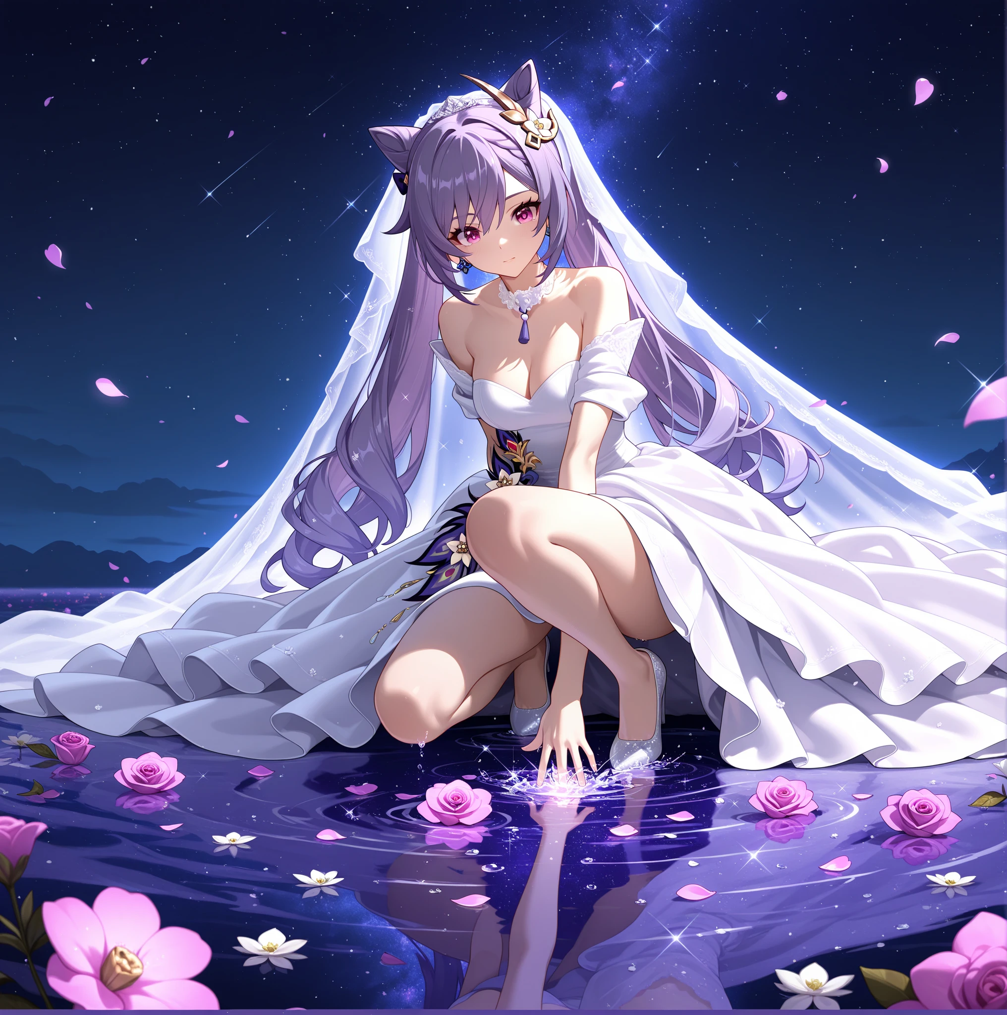 (((masterpiece, best quality, 16k)))A charming artwork of a mystical and shimmering female character in a magical, moonlit landscape. The full-body view reveals her dressed in glistening purple and silver clothes that catch the light beautifully. Despite her short height, she captivates with her enchanting presence. Her medium-length purple hair and white eyes give her an ethereal, otherworldly charm. She holds an enchanted mirror, reflecting her timid and cute demeanor.
The background is an enchanted grove illuminated by soft moonlight, with sparkling dew drops on the grass and glowing flowers. Wisps of magical energy float in the air, and a gentle stream flows nearby, creating a serene and mystical atmosphere.