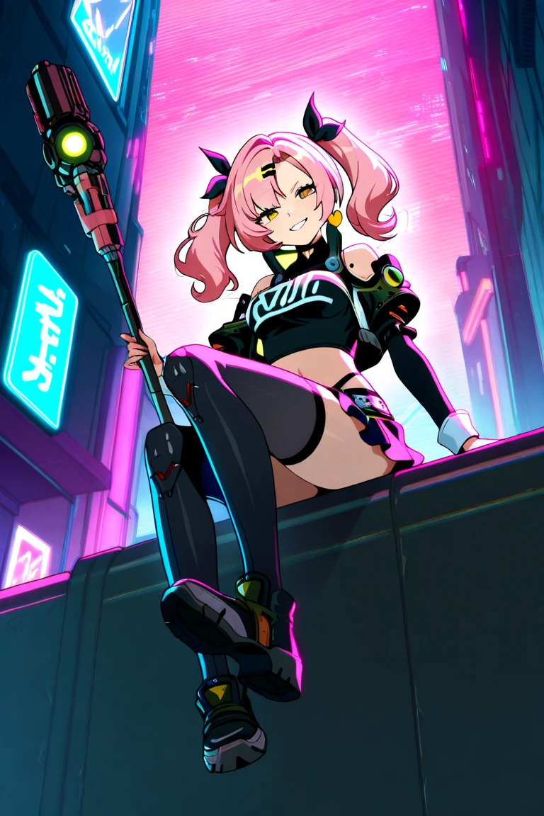 Create image poster concepts Cyberpunk Manga Madness Poster
Background: A bustling cyberpunk cityscape with towering skyscrapers, neon signs, and holographic projections of burgers and fries casting colorful glows in shades of neon blue, purple, and pink.

Character: In the center of the poster, a young woman with vibrant pink hair and large, glowing eyes in a cyberpunk manga style. She is depicted taking a big bite out of a digital-rendered burger, displaying a look of pure enjoyment and excitement.

Fast Food Imagery: Around the character, floating holographic projections of various futuristic fast food items:

Digital pizza slices with glowing toppings
Holographic onion rings emitting digital steam
Neon-lit milkshakes with swirling colors
Typography:

Bold, glowing red "Fast Food Frenzy!" heading with digital effects, placed prominently at the top of the poster.
Floating speech bubble with animated "Get Your Grub On!" tagline in futuristic font, positioned near the character to emphasize the theme.
Color Scheme: Vibrant and electric palette with neon blues, purples, pinks, and digital greens, creating a visually striking cyberpunk atmosphere.

Additional Elements:

Floating holographic icons of a digital ketchup bottle, soda cup, and high-tech chef hat scattered strategically around the poster to enhance the futuristic theme.
Final Touches: Ensure the layout is dynamic and balanced, with enough space for the manga character to stand out amidst the vibrant cyberpunk environment. Incorporate digital effects and neon glows to reinforce the futuristic aesthetic.