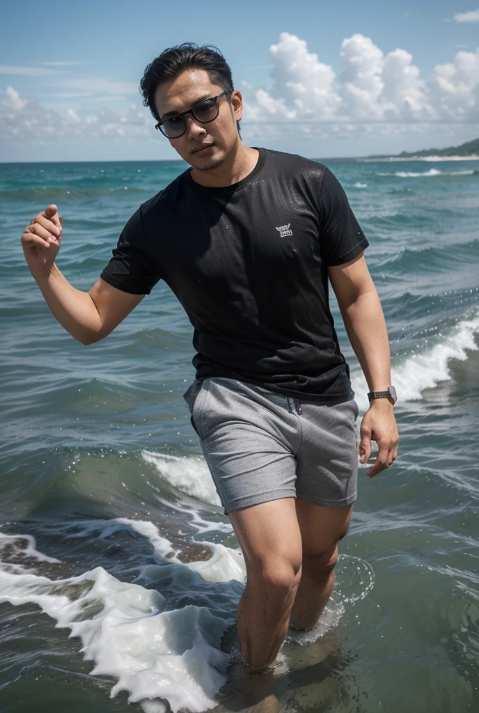 A shirtless man with a necklace with shorts and sandals walking along the shore of the beach with sunglasses and your dad in one arm