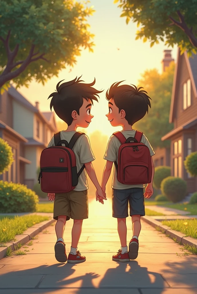 Two boys stand at the school gates on their last day of middle school. They share a tight, emotional hug, with a mix of excitement and sadness in their expressions, signifying a deep, lasting friendship.