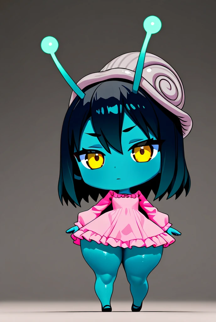 Girl, goblin girl, goblin, green skin, short, short stature,short hair, black hair, large breasts, miniskirt, latex, long gloves, thigh boots, goth, pouty lips, masterpiece, best quality, sexy, dynamic pose, 8k, shortstack, bubble butt