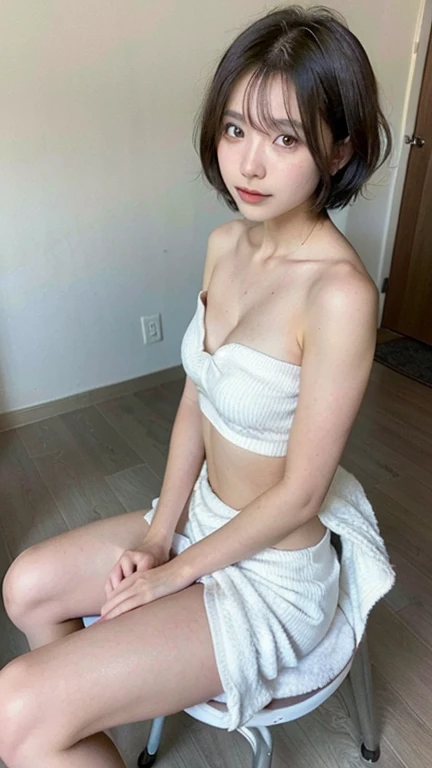 night bar, (naked and Neat silk camisole, skirt: 1.1), ((of the highest quality, 8K, masutepiece: 1.3, Raw photo)), Sharp Focus: 1.2, (1 AESPA Girl :1.1), (Solo: 1.18), (Realistic, Photorealistic: 1.37), (Face Focus: 1.1), Cute face, hyperdetailed face, Short messy hair, updo, (Small breasts, flat chest, Thigh: 1.3), flower, sitting floor,