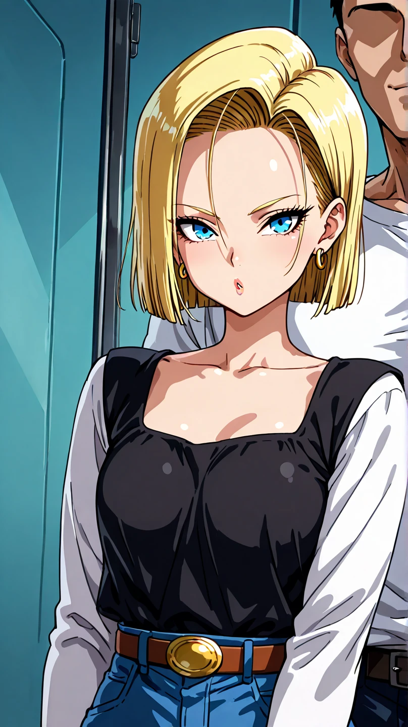 Android 18 dbz, blond hair, naked mirror selfie, full body, bedroom background, wooden floor, green walls, exposed body, holding a cellphone, smile, anime-style with line drawing based on anime, masterpiece with ultra-detailed skin, rendered in high resolution (4K, UHD, HDR, or 8K), featuring subdued yet vivid colors. The lighting should be professional, casting realistic shadows. Pay close attention to the details of the lips, eyes, and body. Additionally, include reflections