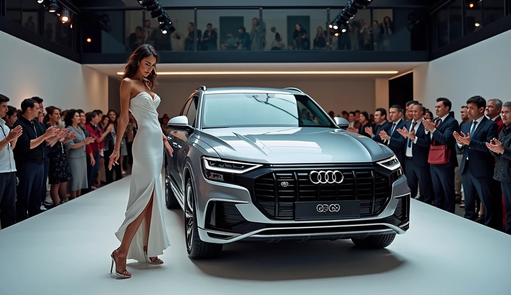 Carro modelo Audi Q8 na estrada com muito dinheiro caindo e uma bela mulher ao lado --auto