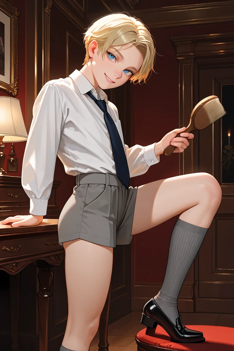 ((((((1boy)))))) (solo))), fluffy blonde hair, hour glass figure, ((pale skin)), sky blue eyes, joyful, big thighs, lingerie thigh socks, big butt, slim waist,(((has a huge erect penis))),pale black stockings, black heeled shoes, (thick thighs:1.5), ((flat chested))), ( is laying down with legs spread showing penis))