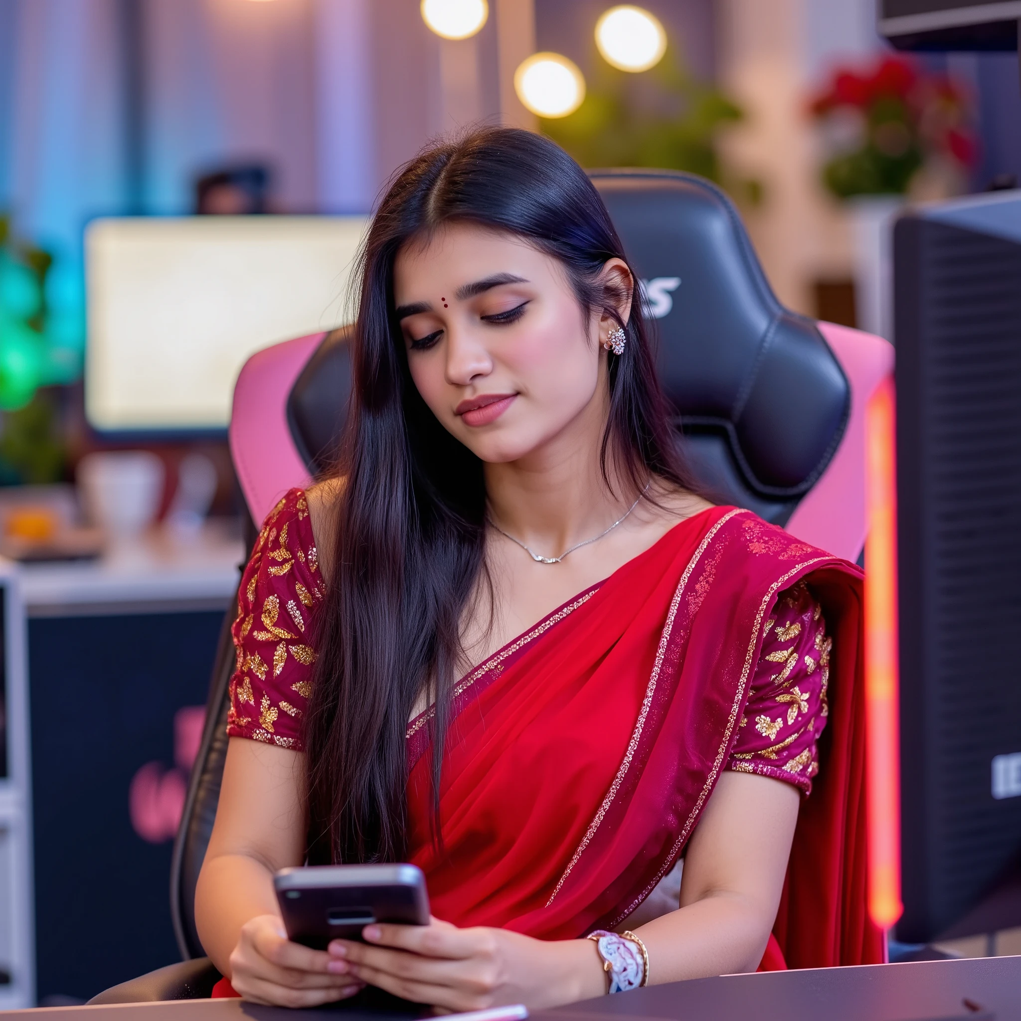 A beautiful young female streamer sitting properly on a stylish pink and black gaming chair, front view. She is wearing a red glittering saree with elegant detailing that sparkles under the lights. She is sitting close to the camera with a confident and relaxed posture. Her hands are empty and resting naturally, and she is looking at a smartphone placed slightly to her left on the desk. She has long hair, is wearing headphones, with soft LED lighting in the background. The scene includes a modern gaming setup with dual monitors, cozy room vibes, high detail, cinematic lighting.