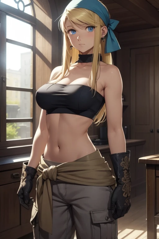 winry rock bell, winry rockbell, blue eyes, blonde hair, rest gloves, navel, split, bare shoulders, clavicle, earrings, diaphragm, trousers, Stomach, bare arms, Strapless, scarf,beautiful breasts、huge breasts:1.4,plump breasts, Pipe top, Grey gloves, rest indoors, rest looking at viewer, rest (masterpiece:1.2), best quality, High resolution, unified 8k wallpaper, (illustration:0.8), (Beautiful and delicate eyes:1.6), extremely detailed face, perfect lighting, Extremely detailed CG, (perfect hands, perfect anatomy),