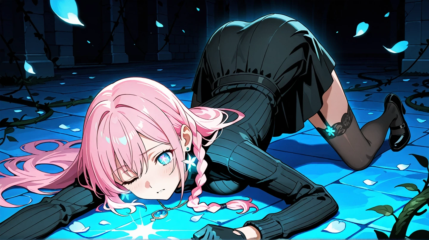 score_9, score_8_up, score_7_up, score_6_up, score_5_up, score_4_up, source_anime, 1 woman, Kneel down, purple hair, long hair, blindfold, tears, w-w-chain, shackles, Went down arms, knock doors, clean hair, black shirt, short, yellow boots, thigh high boots, heels, dungeon, night, best quality, best res, 4K UHD,