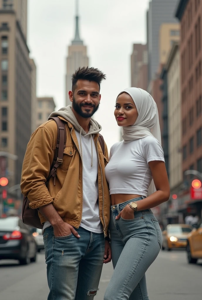 A smart boy white t-shirts and black shirt open Shirt button and black watch in left hand and Her side a hijabi gril hijab color is black 