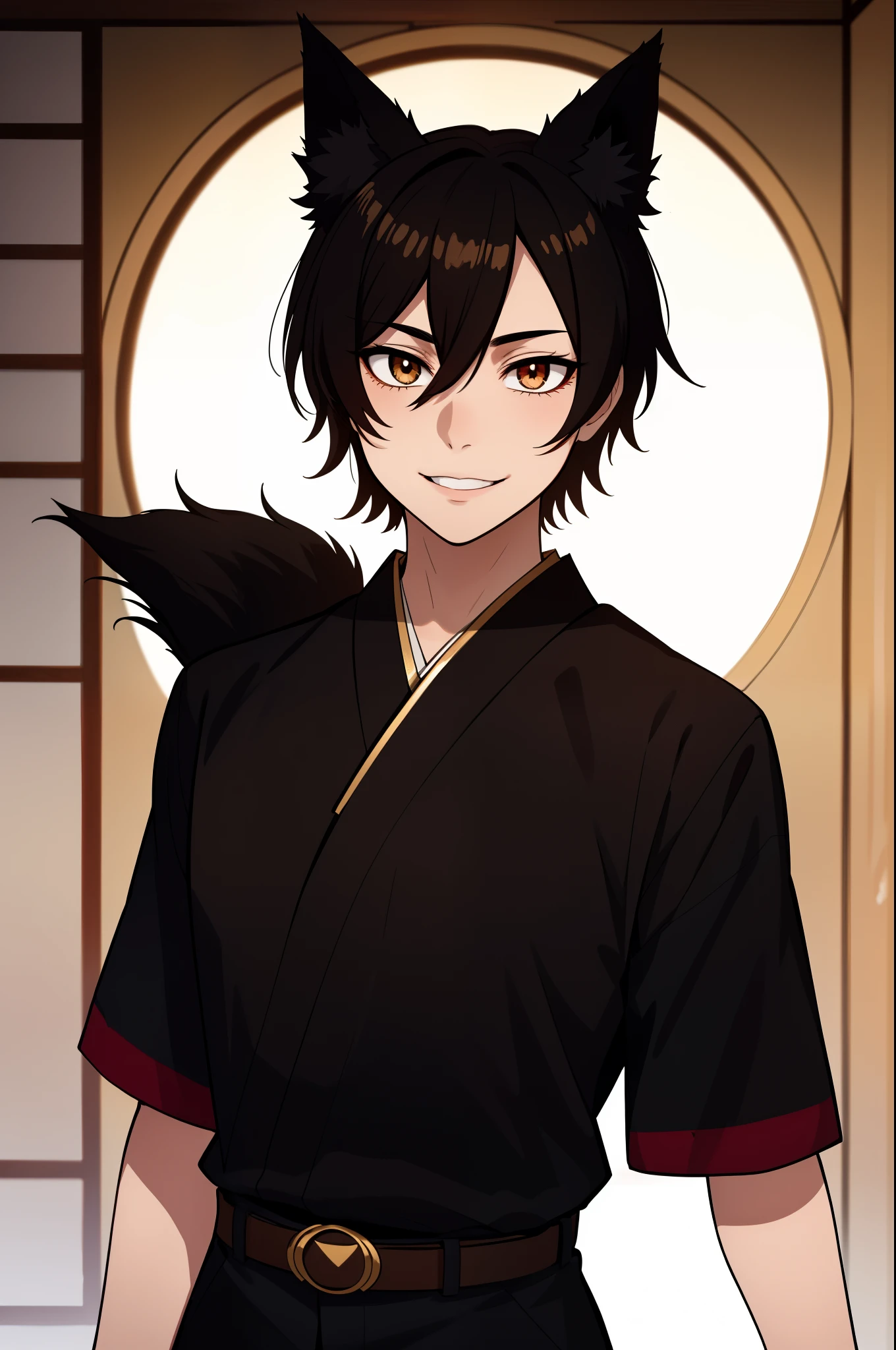 (high-quality, breathtaking),(expressive eyes, perfect face), symmetrical eyes, 1boy, male, solo, young adult, black hair , gold coloured eyes, gentle smile, short hair, loose hair, hair between eyes, japanese clothing, black shirt short sleeved with a red trim, black and red shorts, brown belt, black fox ears, mischievious, trickster,