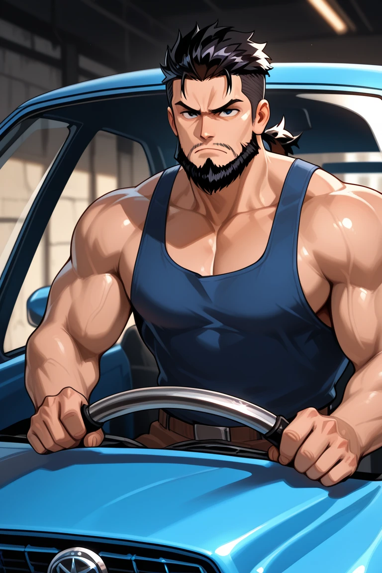 Muscular man jerking off in his car wearing black cap
