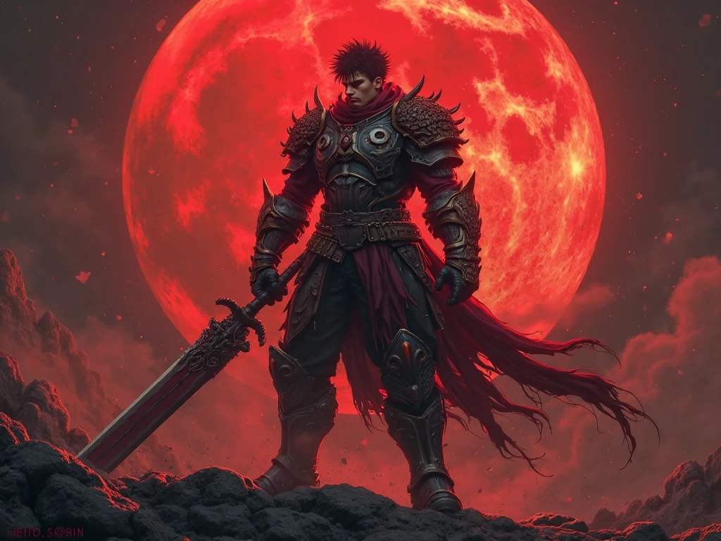 (Very detailed 8k wallpaper),Berserk's Guts Medium shot photo of berserker armor, Convoluted, high detailing, Dramatic, Modelshoot style, analog style, mdjrny-v4 style,