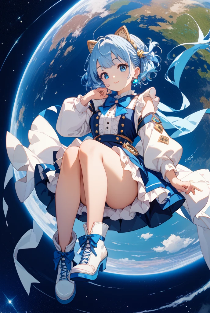 Light blue long hair、Beautiful girl with twin tails、Bright smile、Magical Land、Fantasy World、Sitting on a magic carpet and flying through the sky、Blue sky and white clouds、You can see the cityscape、Masterpiece