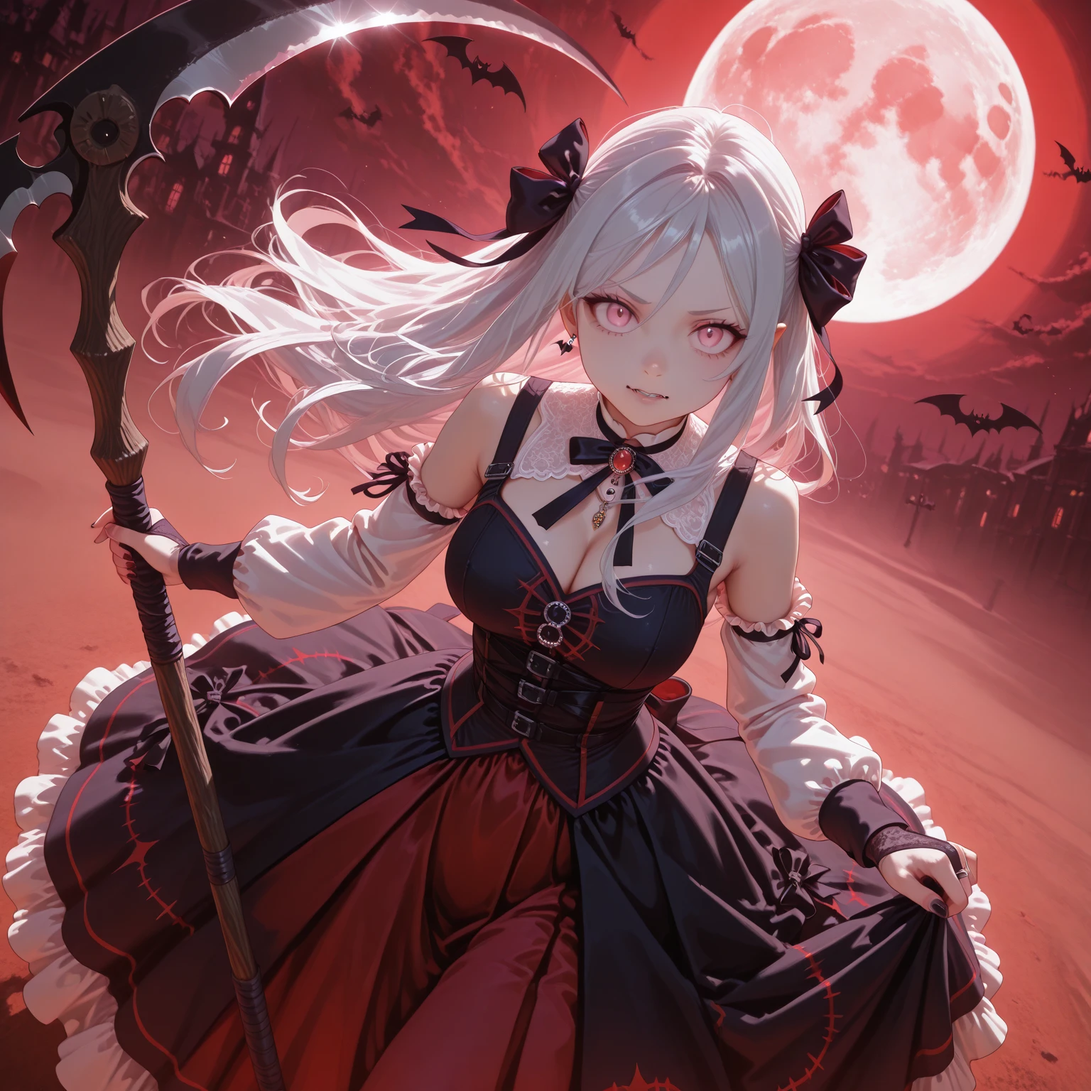 ((Fantasy Witch Costume)), ((Flowing white hair)), ,(Blood splatter:1.6),Female curves, Large Breasts, Thick thighs, Sexy flat stomach, Perfect hands, Perfect anime face, ((dark lolita dress)), Are standing, ((Wicked Smile)), ,(Blood splatter:1.6),Victorian cities, gaslight, Steam circulates, Moonlight Illumination, night lighting, A sky filled with stars and galaxies,disaster々new devil horns,,(Blood splatter:1.6),anime zombie witch design, Twisted smile、Bloody、bleeding from the head,,、Blood splatter、,(Blood splatter:1.6),Crossbones, skull,