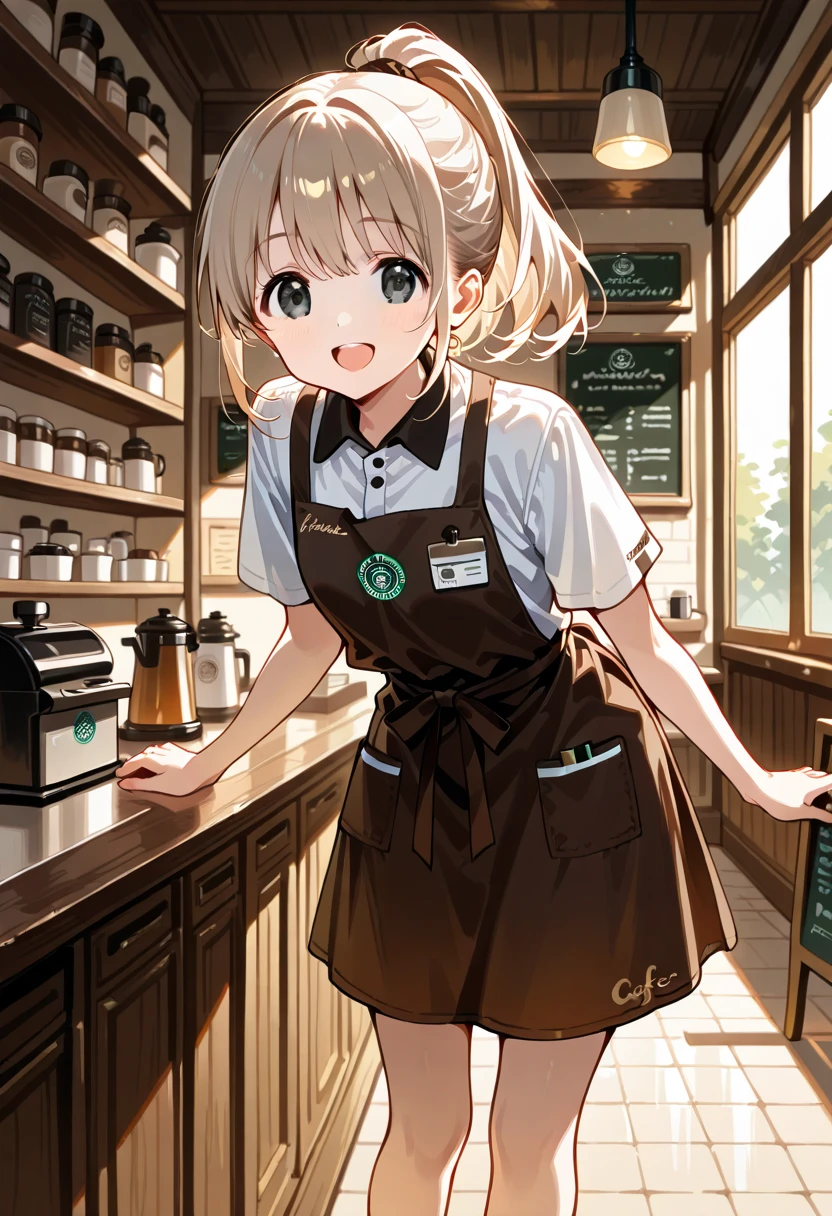 1 girl, adult, messy hair, Medium hair, light blue eyes, black shirt, black jeans, beige apron, work, Coffee brewing, cafe, concentration, look away, be happy, warm and comfortable, cool, illustration, Masterpiece, Ghibli, perfection, High quality, converse shoes, Behind the bar counter, do her work, Sunny, black cross earrings, anime , Warm atmosphere,